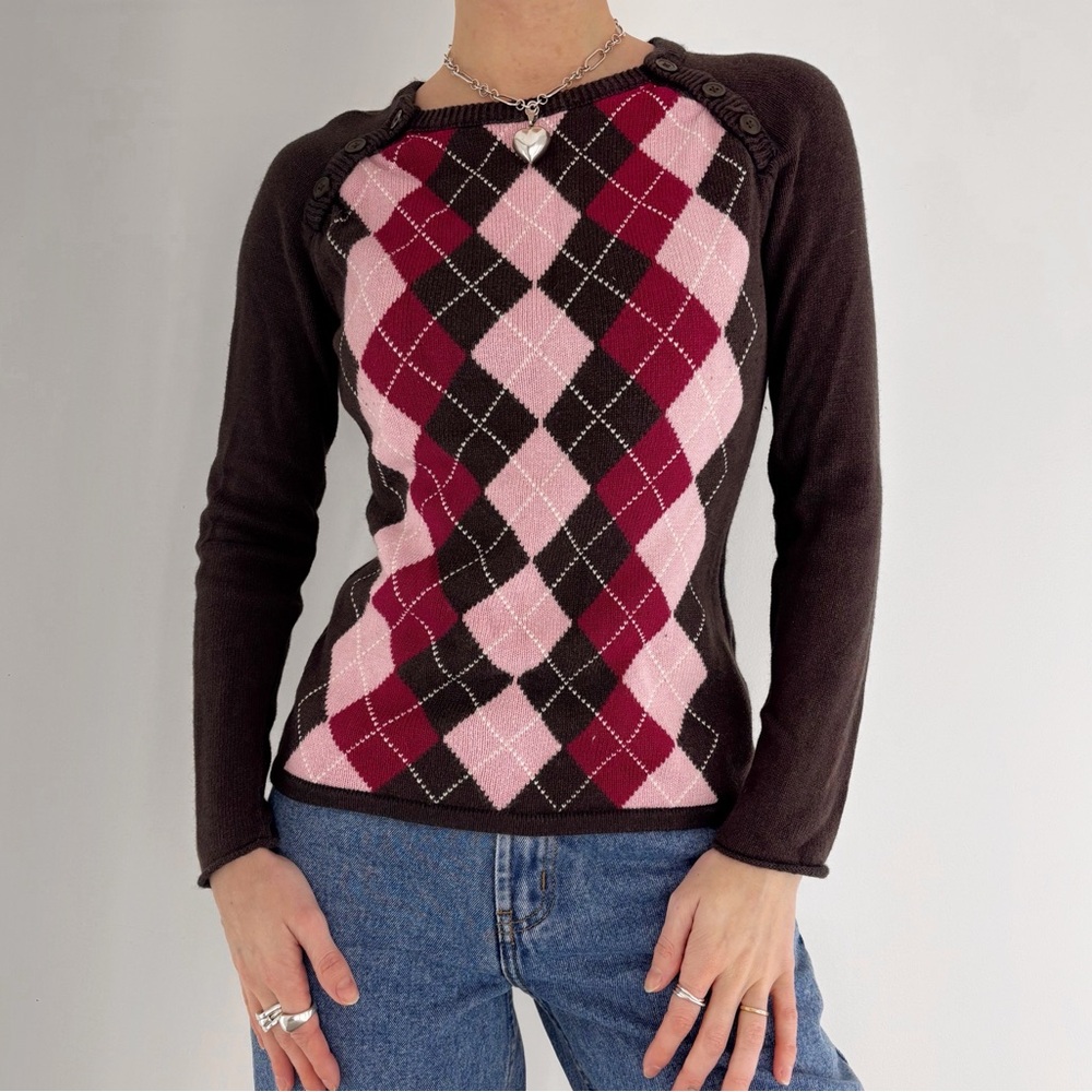‼️SOLD‼️Vintage y2k Tommy Hilfiger argyle print fitted knit sweater brown pink